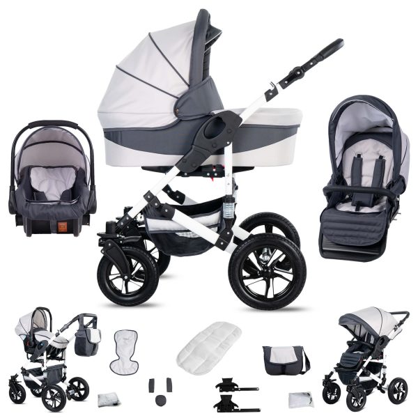 Friedrich Hugo Hamburg   3 in 1 Kombi Kinderwagen Set   Luftreifen   Farbe: White & Grey