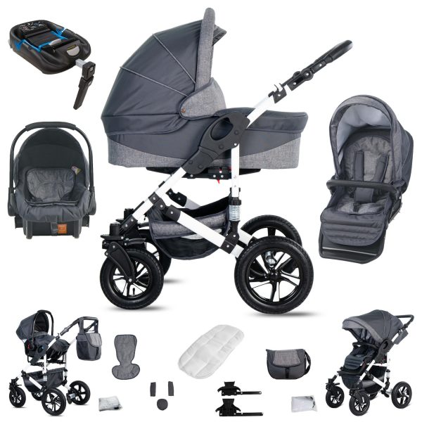 Friedrich Hugo Hamburg   4 in 1 Kinderwagen Komplettset   ISOFIX Basis   Hartgummireifen   Farbe: Grey & Grey Linen