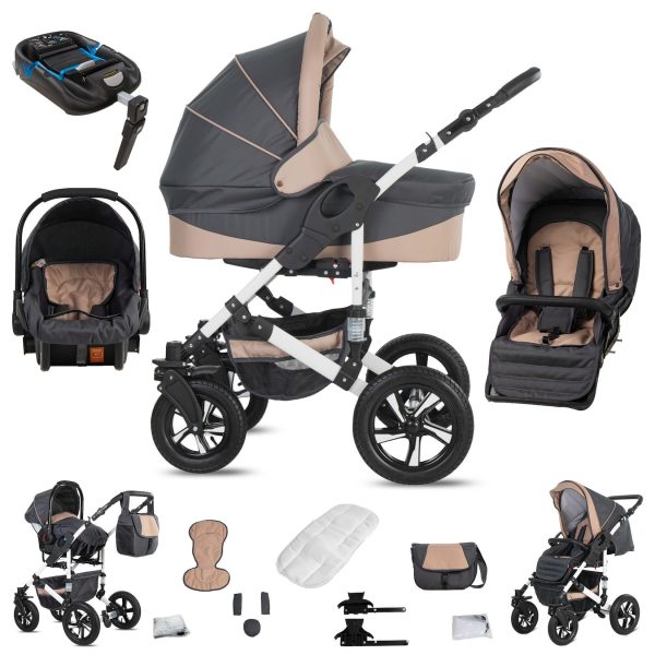 Friedrich Hugo Hamburg   4 in 1 Kinderwagen Komplettset   ISOFIX Basis   Hartgummireifen   Farbe: Grey & Beige