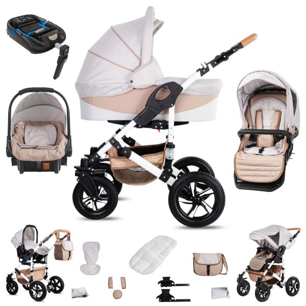 Friedrich Hugo Hamburg   4 in 1 Kinderwagen Komplettset   ISOFIX Basis   Hartgummireifen   Farbe: Cream & Beige