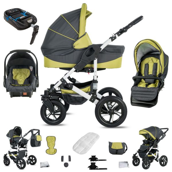 Friedrich Hugo Hamburg   4 in 1 Kinderwagen Komplettset   ISOFIX Basis   Luftreifen   Farbe: Grey & Green