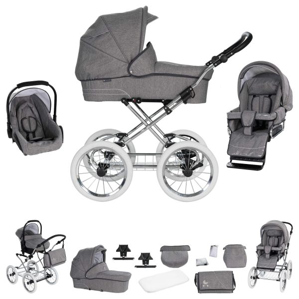 Friedrich Hugo München   3 in 1 Kombi Kinderwagen Set   Nostalgie Kinderwagen   Farbe: Anthrazit - Rad: Chrom Weiß