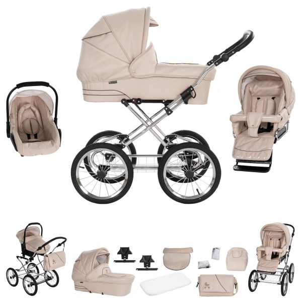 Friedrich Hugo München   3 in 1 Kombi Kinderwagen Set   Nostalgie Kinderwagen   Farbe: Sand - Rad: Chrom Schwarz