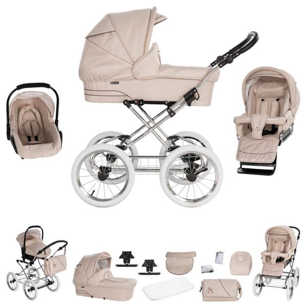 Friedrich Hugo München   3 in 1 Kombi Kinderwagen Set   Nostalgie Kinderwagen   Farbe: Sand - Rad: Chrom Weiß