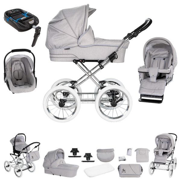 Friedrich Hugo München   4 in 1 Kinderwagen Komplettset   ISOFIX Basis   Nostalgie Kinderwagen   Farbe: Silbergrau - Rad: Chrom Weiß