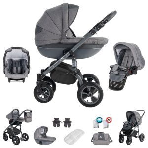 Friedrich Hugo Greyline   3 in 1 Kombi Kinderwagen Set   Luftreifen   Farbe: Black