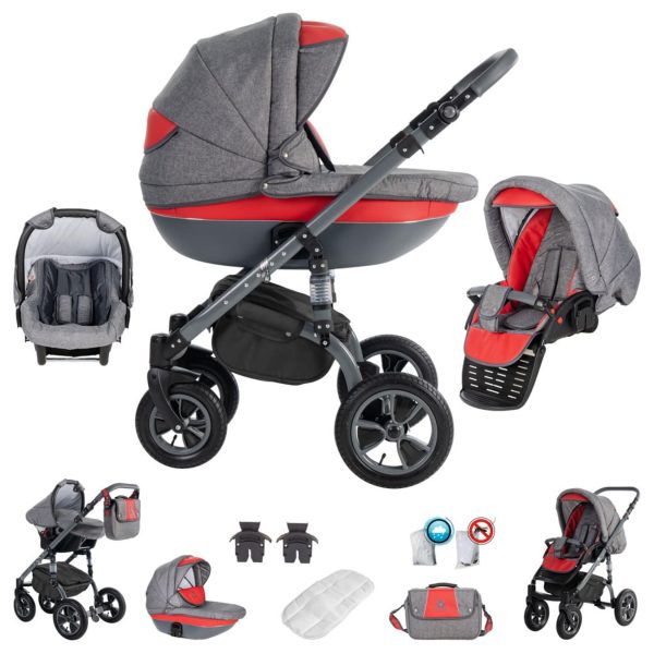 Friedrich Hugo Greyline   3 in 1 Kombi Kinderwagen Set   Luftreifen   Farbe: Red