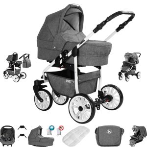 Friedrich Hugo Berlin   3 in 1 Kombi Kinderwagen Set   Luftreifen   Farbe: Grey and Grey Day