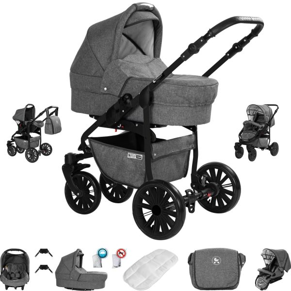 Friedrich Hugo Berlin   3 in 1 Kombi Kinderwagen Set   Luftreifen   Farbe: Grey and Grey Night