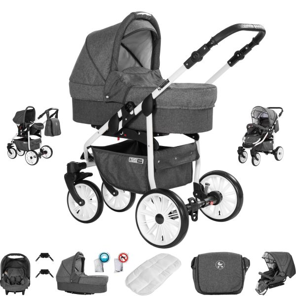 Friedrich Hugo Berlin   3 in 1 Kombi Kinderwagen Set   Luftreifen   Farbe: Dark Grey and Grey Day