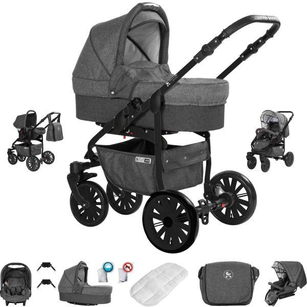 Friedrich Hugo Berlin   3 in 1 Kombi Kinderwagen Set   Luftreifen   Farbe: Dark Grey and Grey Night