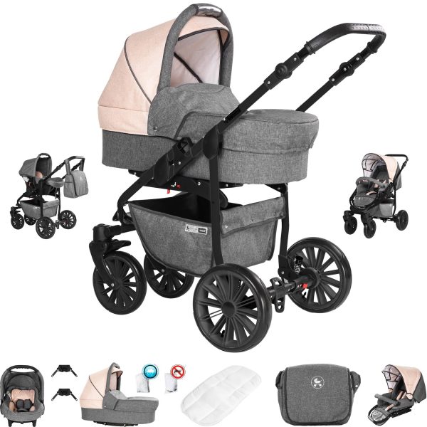 Friedrich Hugo Berlin   3 in 1 Kombi Kinderwagen Set   Luftreifen   Farbe: Grey and Beige Night