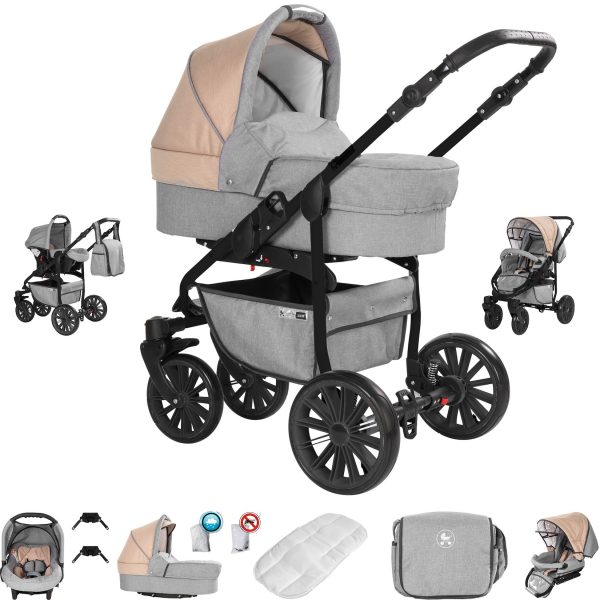 Friedrich Hugo Berlin   3 in 1 Kombi Kinderwagen Set   Luftreifen   Farbe: Light Grey and Beige Night