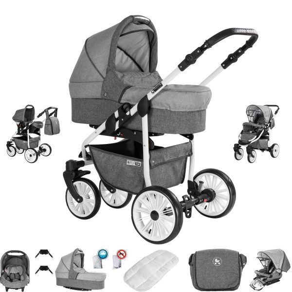 Friedrich Hugo Berlin   3 in 1 Kombi Kinderwagen Set   Luftreifen   Farbe: Grey and Light Grey Day