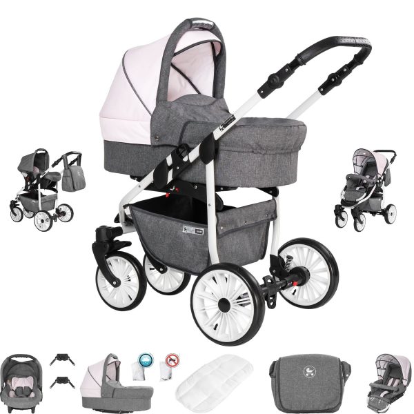 Friedrich Hugo Berlin   3 in 1 Kombi Kinderwagen Set   Luftreifen   Farbe: Grey and Light Rose Day