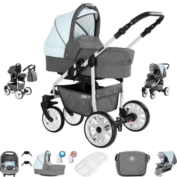 Friedrich Hugo Berlin   3 in 1 Kombi Kinderwagen Set   Luftreifen   Farbe: Grey and Light Blue Day