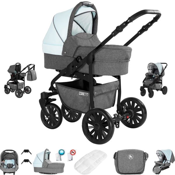 Friedrich Hugo Berlin   3 in 1 Kombi Kinderwagen Set   Luftreifen   Farbe: Grey and Light Blue Night