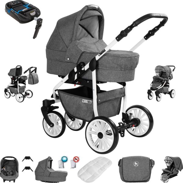 Friedrich Hugo Berlin   4 in 1 Kinderwagen Komplettset   ISOFIX Basis   Luftreifen   Farbe: Grey and Grey Day