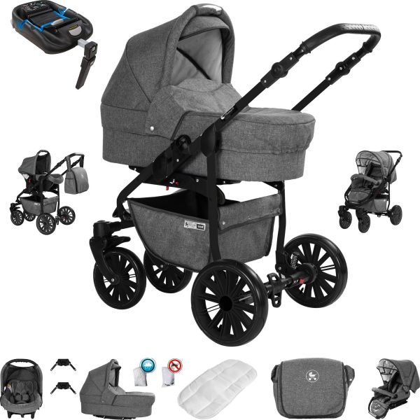 Friedrich Hugo Berlin   4 in 1 Kinderwagen Komplettset   ISOFIX Basis   Luftreifen   Farbe: Grey and Grey Night