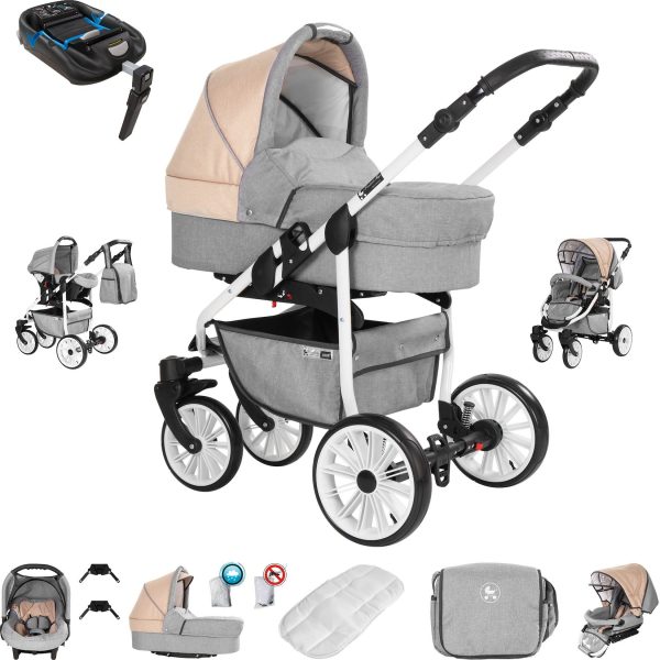 Friedrich Hugo Berlin   4 in 1 Kinderwagen Komplettset   ISOFIX Basis   Luftreifen   Farbe: Light Grey and Beige Day