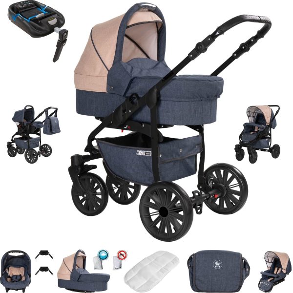 Friedrich Hugo Berlin   4 in 1 Kinderwagen Komplettset   ISOFIX Basis   Luftreifen   Farbe: Dark Blue and Beige Night