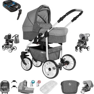 Friedrich Hugo Berlin   4 in 1 Kinderwagen Komplettset   ISOFIX Basis   Luftreifen   Farbe: Grey and Light Grey Day