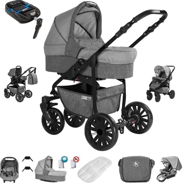 Friedrich Hugo Berlin   4 in 1 Kinderwagen Komplettset   ISOFIX Basis   Luftreifen   Farbe: Grey and Light Grey Night