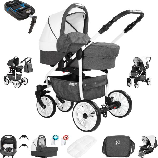 Friedrich Hugo Berlin   4 in 1 Kinderwagen Komplettset   ISOFIX Basis   Luftreifen   Farbe: Dark Grey and White Day