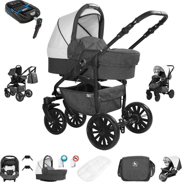 Friedrich Hugo Berlin   4 in 1 Kinderwagen Komplettset   ISOFIX Basis   Luftreifen   Farbe: Dark Grey and White Night