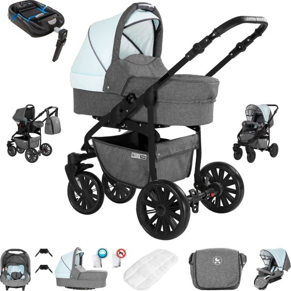 Friedrich Hugo Berlin   4 in 1 Kinderwagen Komplettset   ISOFIX Basis   Luftreifen   Farbe: Grey and Light Blue Night