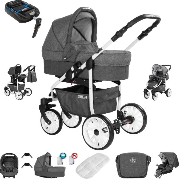 Friedrich Hugo Berlin   4 in 1 Kinderwagen Komplettset   ISOFIX Basis   GEL Reifen   Farbe: Dark Grey and Grey Day