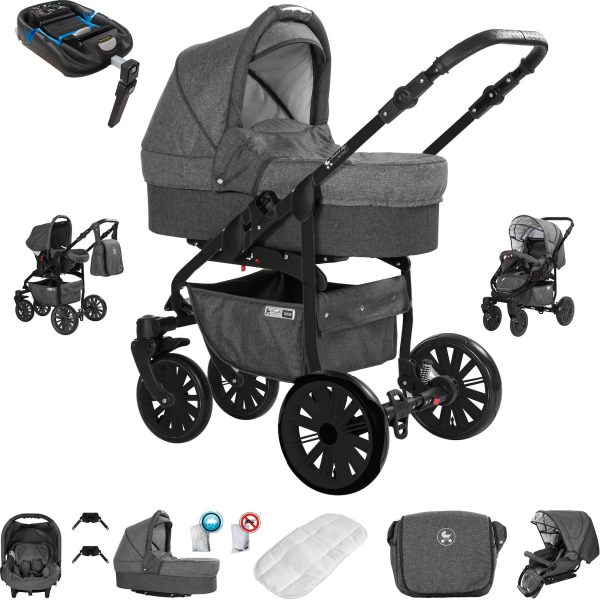 Friedrich Hugo Berlin   4 in 1 Kinderwagen Komplettset   ISOFIX Basis   GEL Reifen   Farbe: Dark Grey and Grey Night