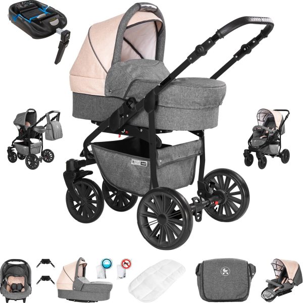 Friedrich Hugo Berlin   4 in 1 Kinderwagen Komplettset   ISOFIX Basis   GEL Reifen   Farbe: Grey and Beige Night