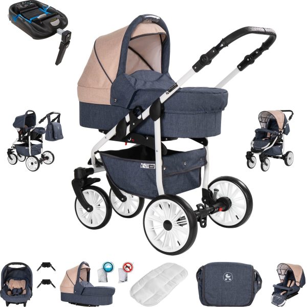 Friedrich Hugo Berlin   4 in 1 Kinderwagen Komplettset   ISOFIX Basis   GEL Reifen   Farbe: Dark Blue and Beige Day