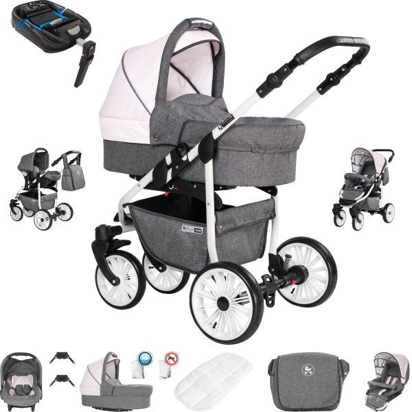 Friedrich Hugo Berlin   4 in 1 Kinderwagen Komplettset   ISOFIX Basis   GEL Reifen   Farbe: Grey and Light Rose Day