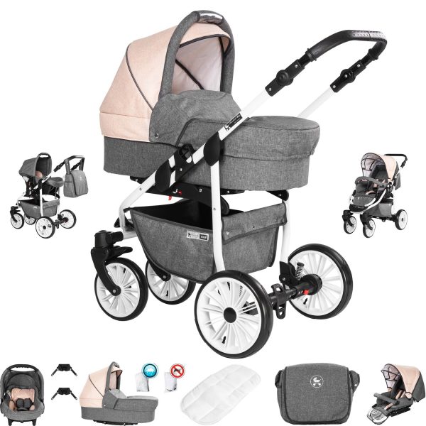 Friedrich Hugo Berlin   3 in 1 Kombi Kinderwagen Set   GEL Reifen   Farbe: Grey and Beige Day