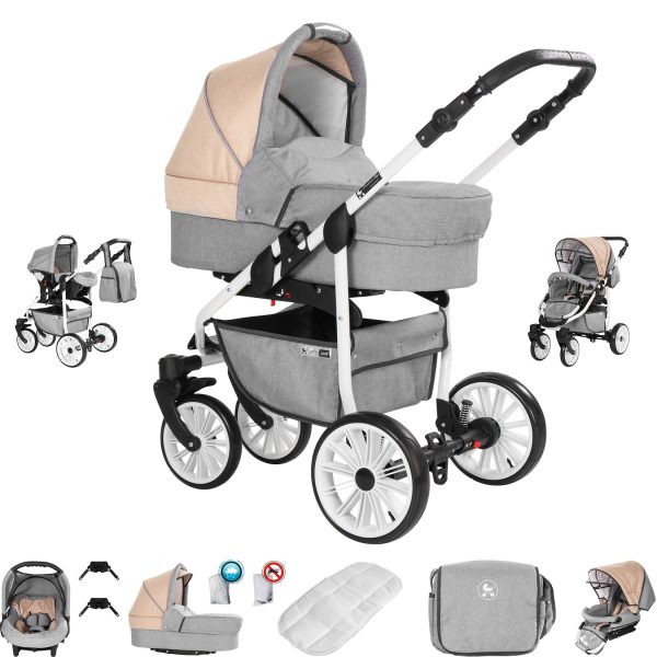 Friedrich Hugo Berlin   3 in 1 Kombi Kinderwagen Set   GEL Reifen   Farbe: Light Grey and Beige Day