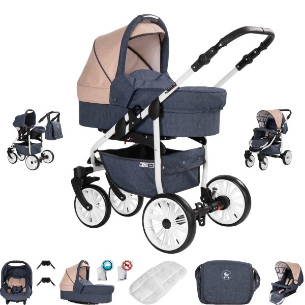 Friedrich Hugo Berlin   3 in 1 Kombi Kinderwagen Set   GEL Reifen   Farbe: Dark Blue and Beige Day