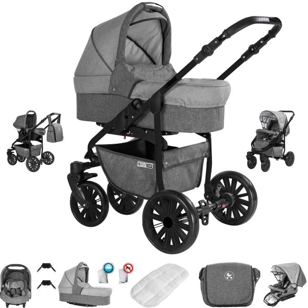 Friedrich Hugo Berlin   3 in 1 Kombi Kinderwagen Set   GEL Reifen   Farbe: Grey and Light Grey Night