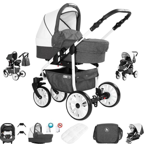 Friedrich Hugo Berlin   3 in 1 Kombi Kinderwagen Set   GEL Reifen   Farbe: Dark Grey and White Day