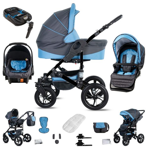 Friedrich Hugo Münster   4 in 1 Kinderwagen Komplettset   ISOFIX Basis   Luftreifen   Farbe: Grey & Babyblue