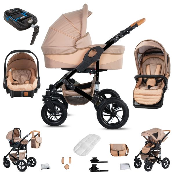 Friedrich Hugo Münster   4 in 1 Kinderwagen Komplettset   ISOFIX Basis   Luftreifen   Farbe: Beige & Oatmeal