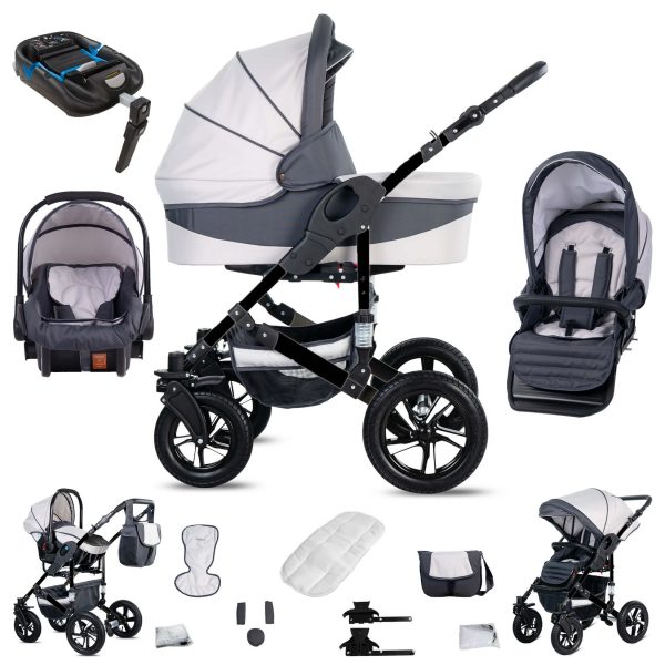 Friedrich Hugo Münster   4 in 1 Kinderwagen Komplettset   ISOFIX Basis   Luftreifen   Farbe: White & Grey