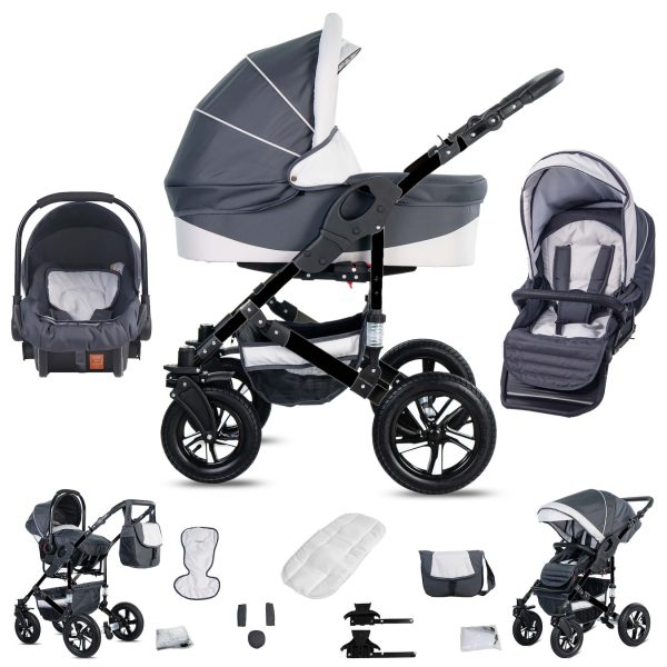 Friedrich Hugo Münster   3 in 1 Kombi Kinderwagen Set   Hartgummireifen   Farbe: Grey & White