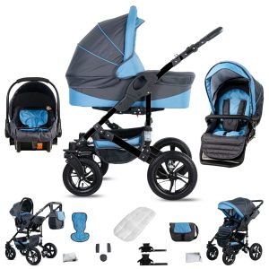 Friedrich Hugo Münster   3 in 1 Kombi Kinderwagen Set   Hartgummireifen   Farbe: Grey & Babyblue