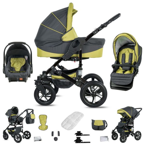 Friedrich Hugo Münster   3 in 1 Kombi Kinderwagen Set   Hartgummireifen   Farbe: Grey & Green