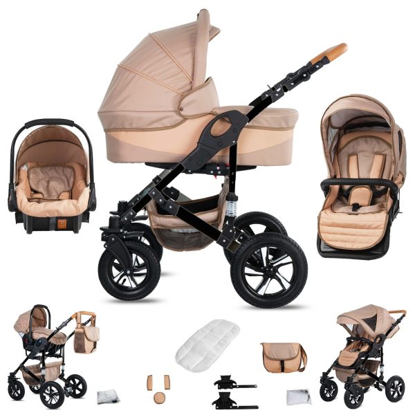 Friedrich Hugo Münster   3 in 1 Kombi Kinderwagen Set   Hartgummireifen   Farbe: Beige & Oatmeal