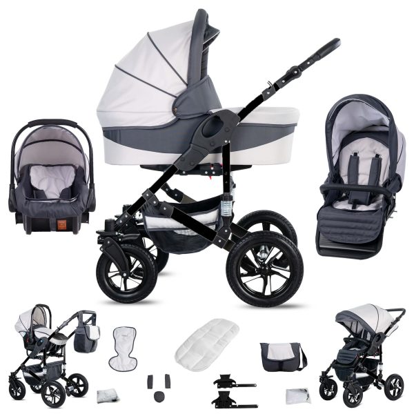 Friedrich Hugo Münster   3 in 1 Kombi Kinderwagen Set   Hartgummireifen   Farbe: White & Grey