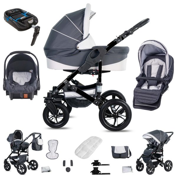 Friedrich Hugo Münster   4 in 1 Kinderwagen Komplettset   ISOFIX Basis   Hartgummireifen   Farbe: Grey & White