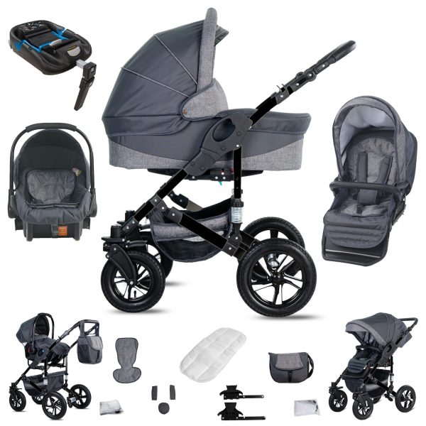 Friedrich Hugo Münster   4 in 1 Kinderwagen Komplettset   ISOFIX Basis   Hartgummireifen   Farbe: Grey & Grey Linen